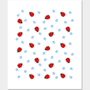 Ladybugs and Blue Flowers Pattern Posters and Art